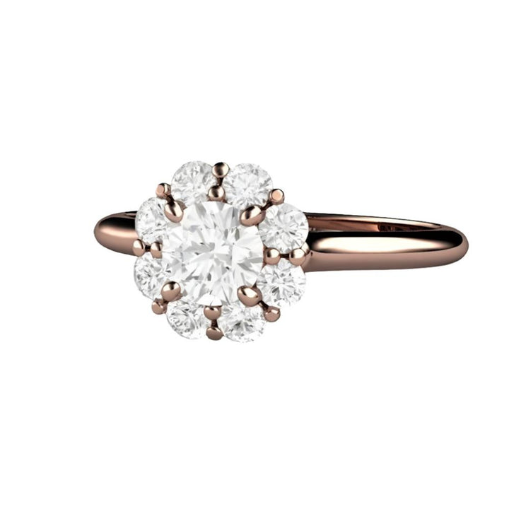 Round Diamond Engagement Ring, Flower Shaped Cluster Halo in 14K, 18K Gold or Platinum | Rare Earth Jewelry