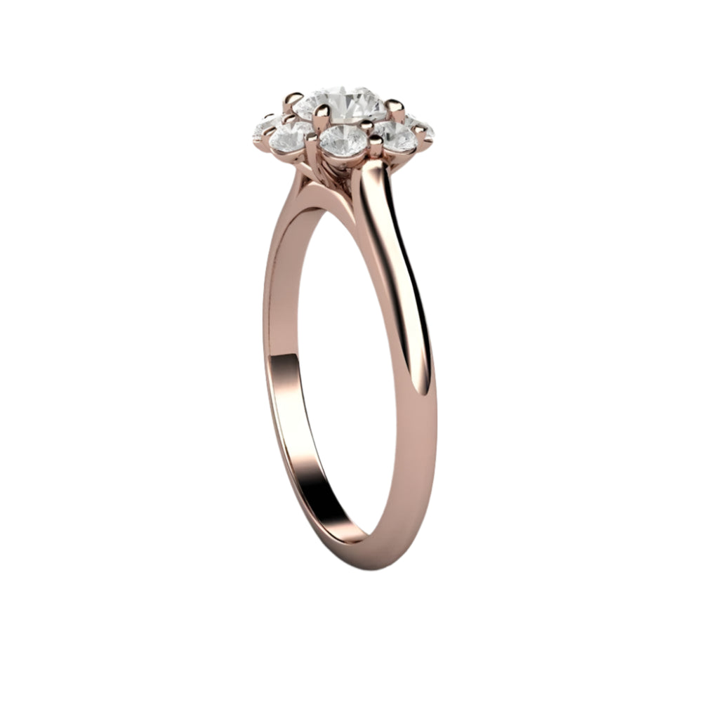 Round Diamond Engagement Ring, Flower Shaped Cluster Halo, Side View Showing Cathedral Setting | Rare Earth Jewelry