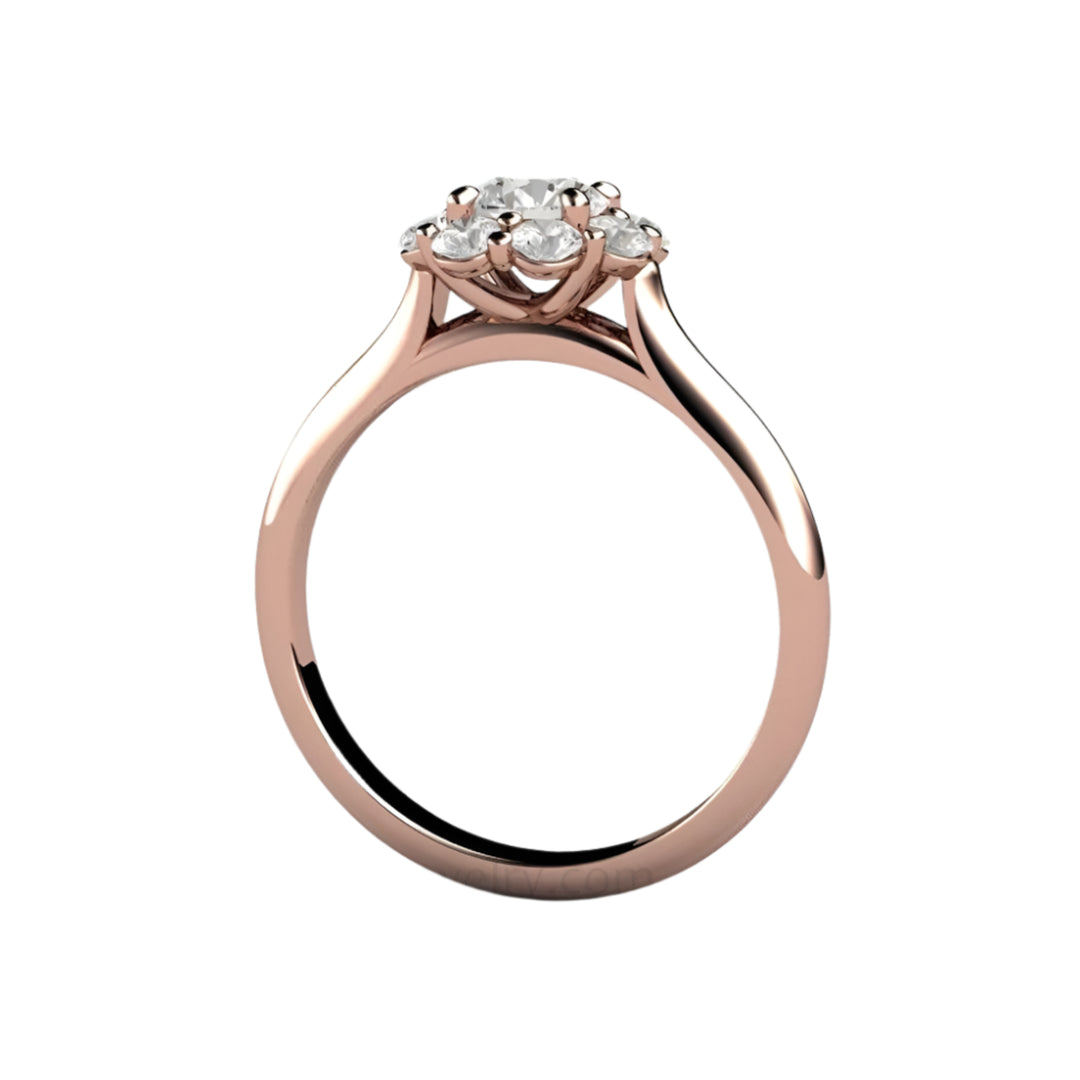 Round Diamond Engagement Ring, Flower Shaped Cluster Halo, Profile showing Cathedral Setting | Rare Earth Jewelry