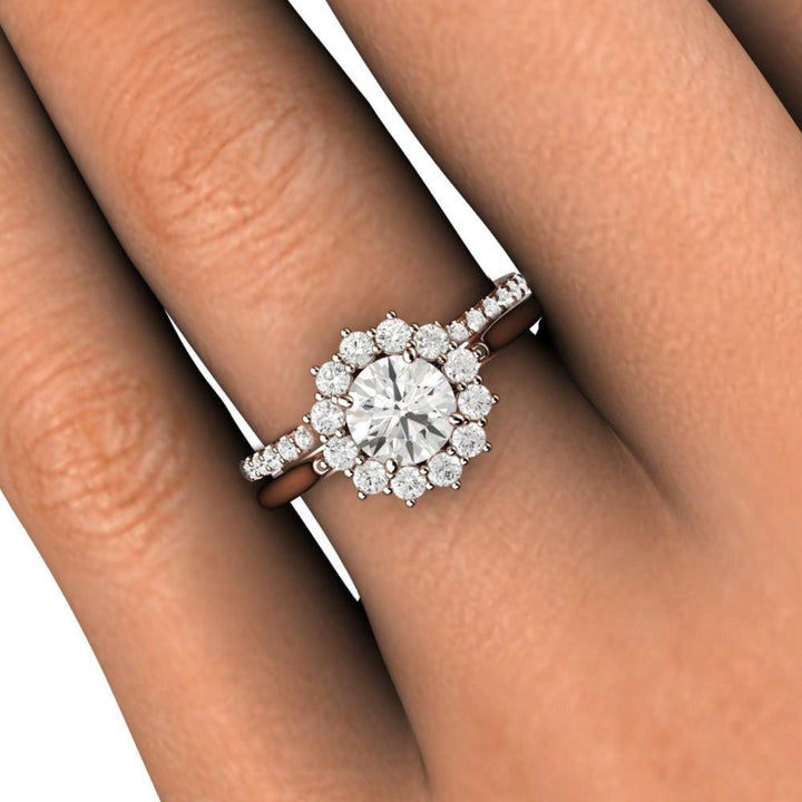 Round Diamond Engagement Ring Vintage Style Cluster Halo, Bridal Set Close Up on the Finger | Rare Earth Jewelry