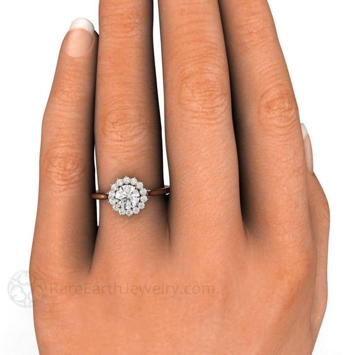 Round Diamond Engagement Ring Vintage Style Cluster Halo shown on the Hand | Rare Earth Jewelry