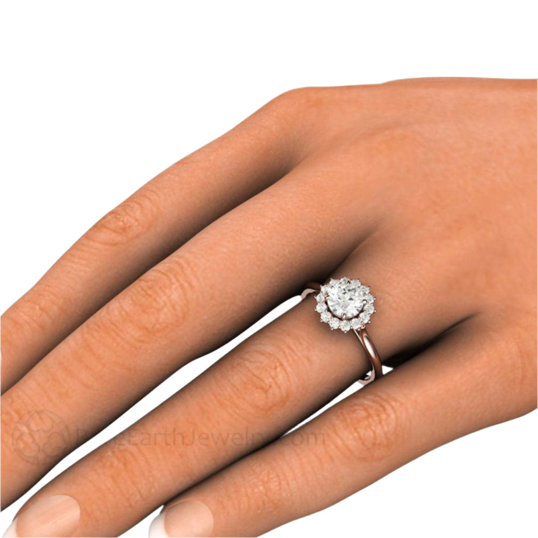 .75ct Round Diamond Engagement Ring on the Finger, Hand Photo,  Vintage Style Cluster Halo | Rare Earth Jewelry
