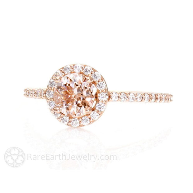 Round Diamond Halo Morganite Engagement Ring Wedding Bridal Ring Set 18K Rose Gold - Engagement Only - Rare Earth Jewelry