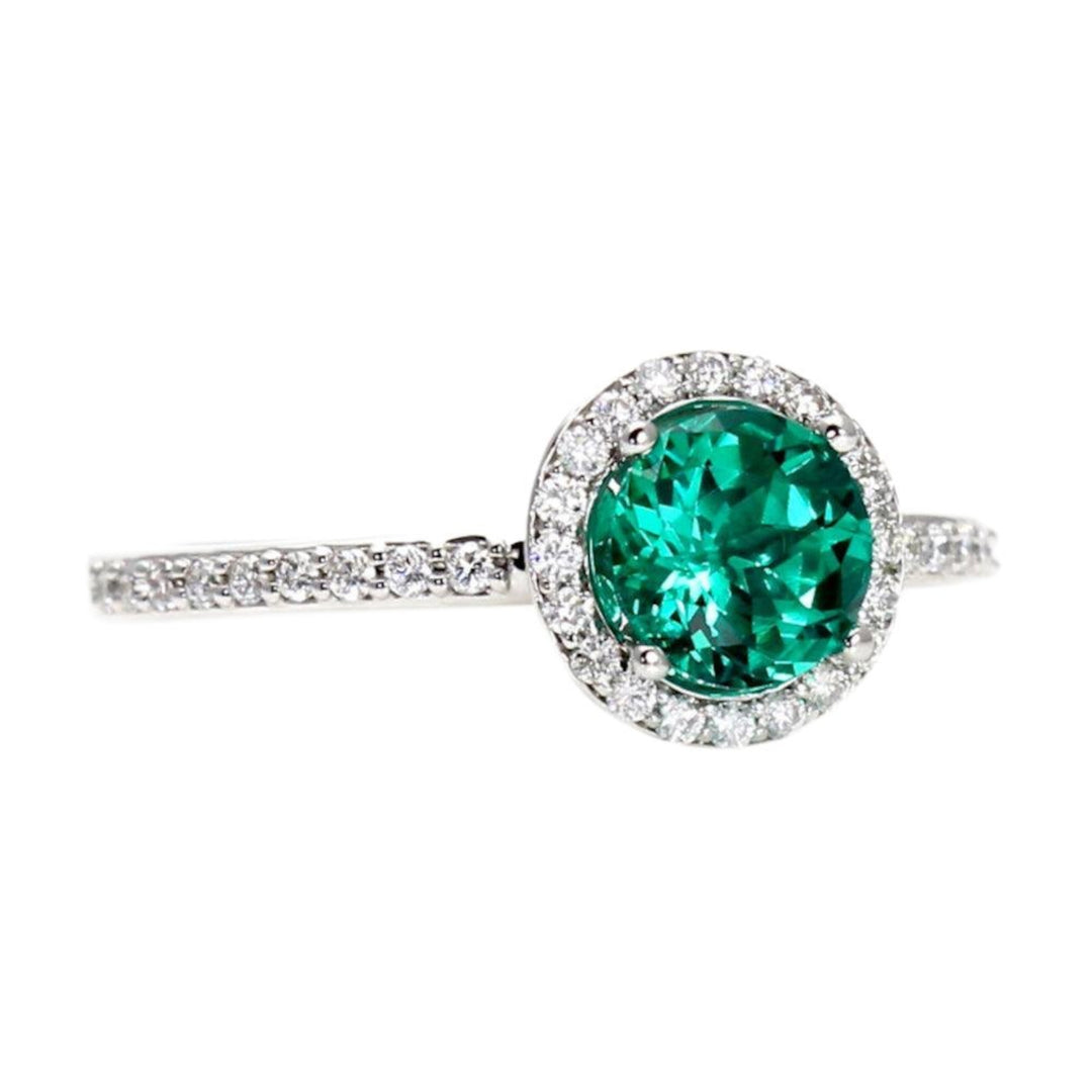 Round Emerald Engagement Ring with Diamond Halo, Lab Grown Emerald Ring, May Birthstone in 14K or 18K Gold and Platinum |  Rare Earth Jewelry