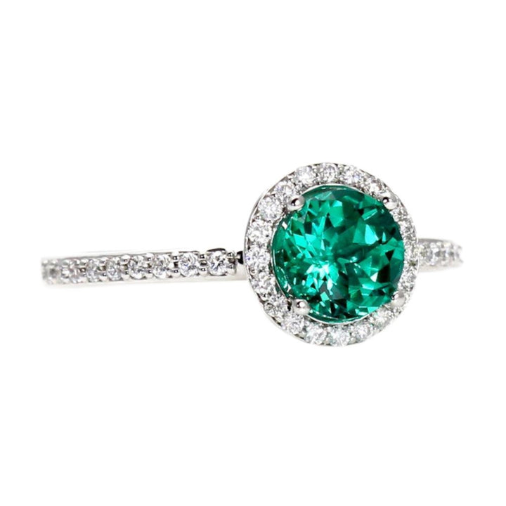 Round Emerald Engagement Ring with Diamond Halo, Lab Grown Emerald Ring, May Birthstone in 14K or 18K Gold and Platinum |  Rare Earth Jewelry