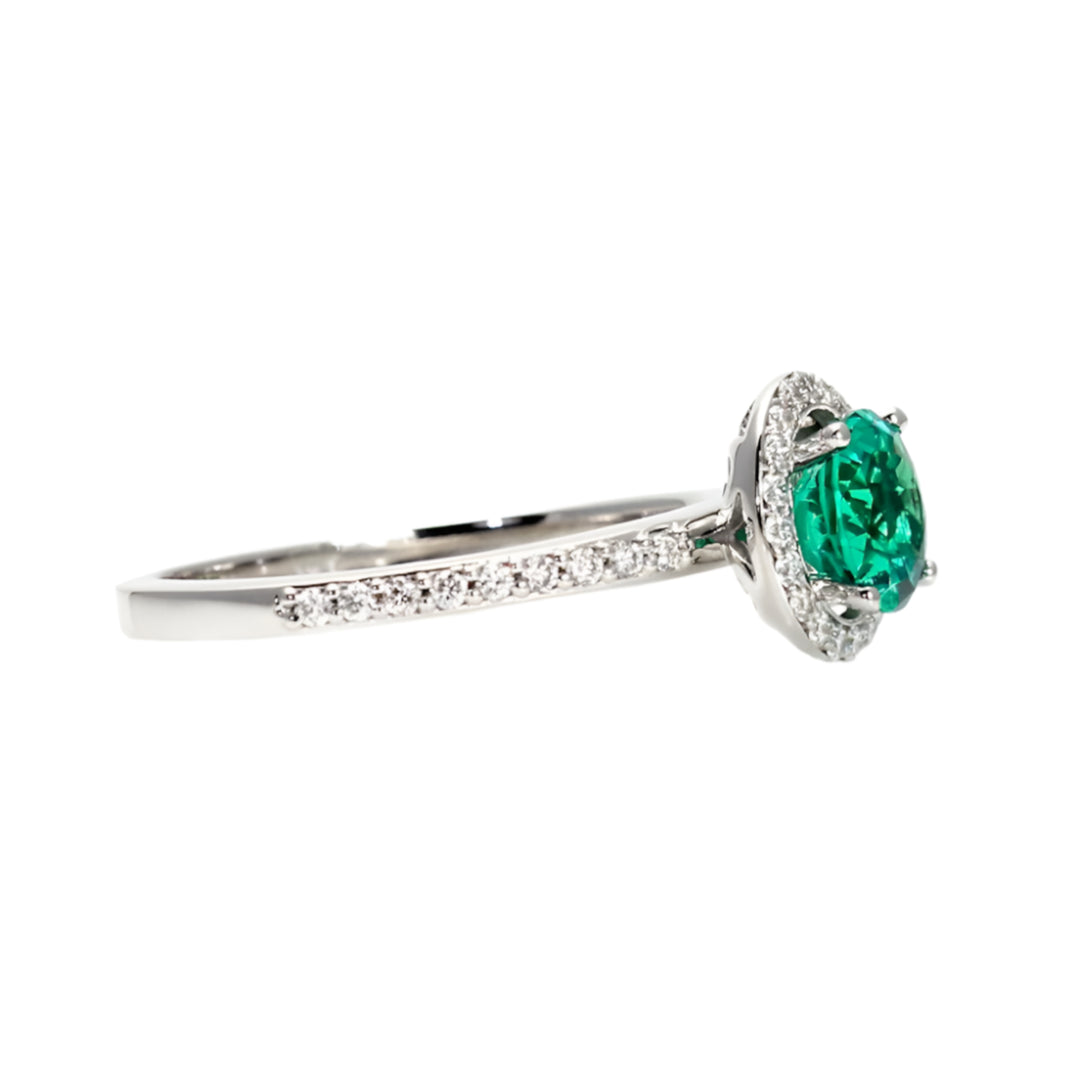 Round Emerald Ring with Diamond Halo, Green Stone Engagement Ring, May Birthstone Ring, Side View | Rare Earth Jewelry