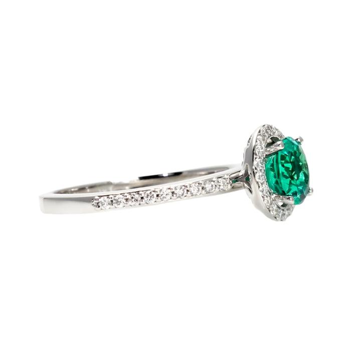 Round Emerald Ring with Diamond Halo, Green Stone Engagement Ring, May Birthstone Ring, Side View | Rare Earth Jewelry