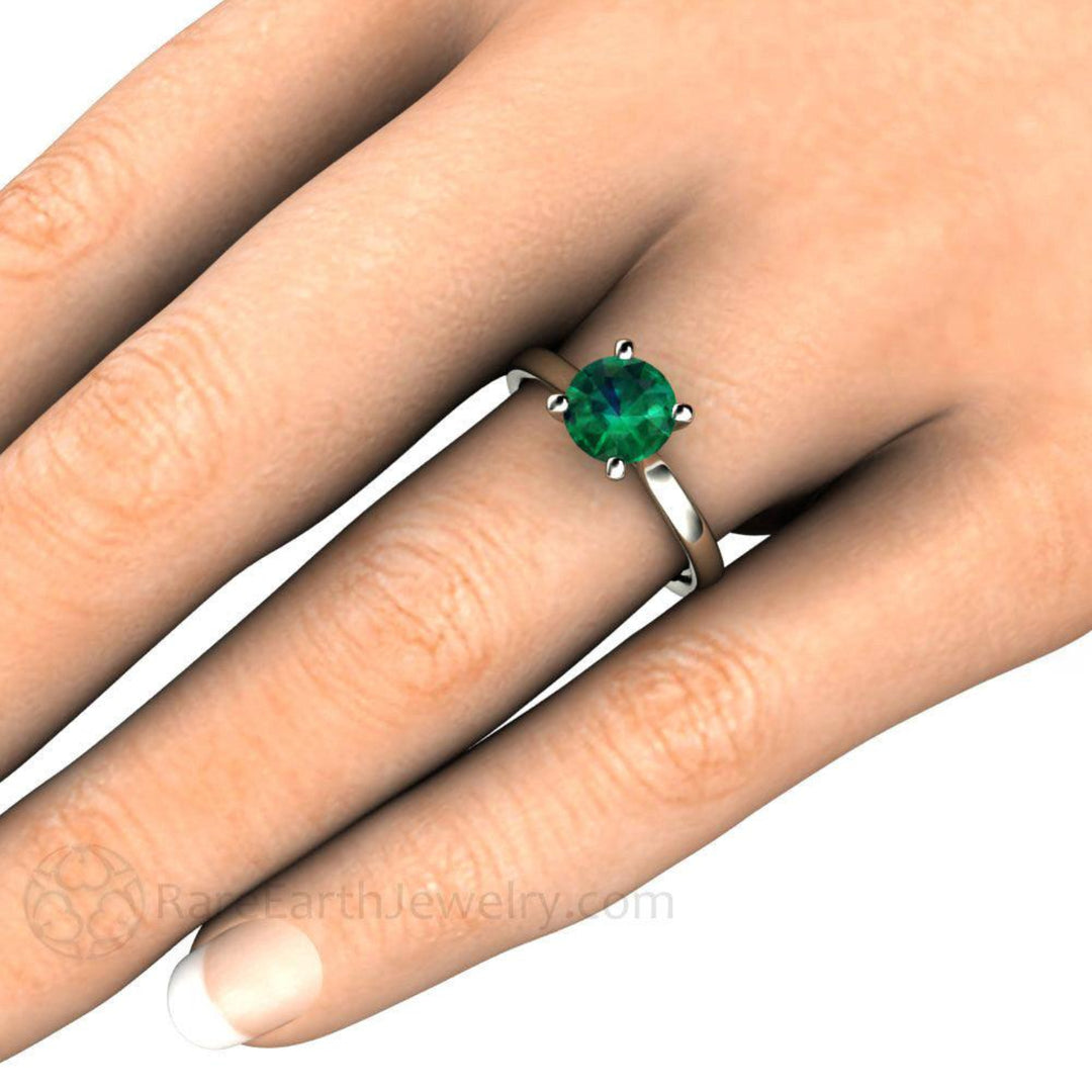 Round Emerald Engagement Ring, 7mm Round Lab Grown Emerald Ring on the Hand, Traditional Solitaire Cathedral Setting | Rare Earth Jewelry