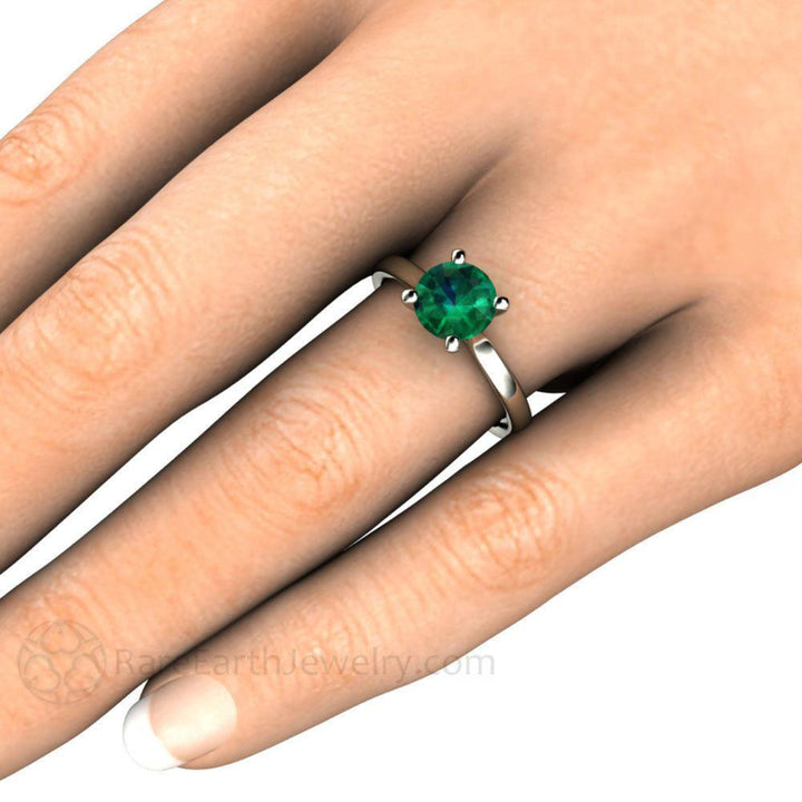 Round Emerald Engagement Ring, 7mm Round Lab Grown Emerald Ring on the Hand, Traditional Solitaire Cathedral Setting | Rare Earth Jewelry