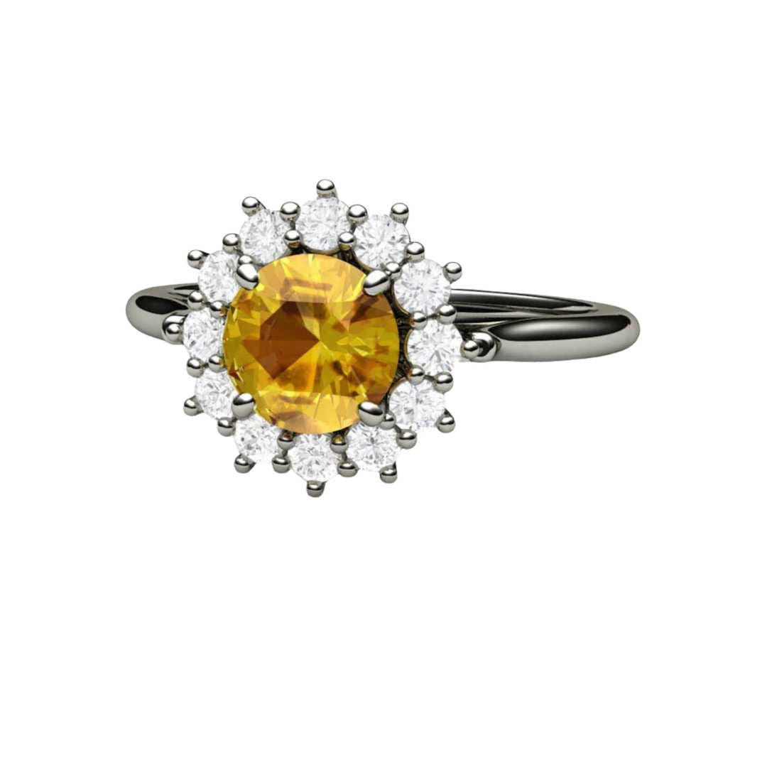 Round Yellow Sapphire Engagement Ring Vintage Style Cluster Diamond Halo, Rare Earth Jewelry
