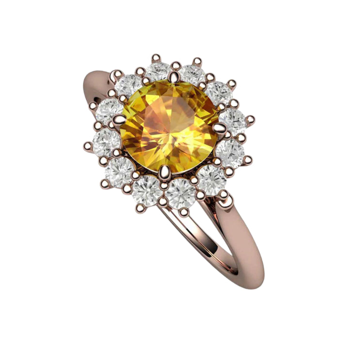 Round Yellow Sapphire Engagement Ring Vintage Style Cluster Diamond Halo, Rare Earth Jewelry
