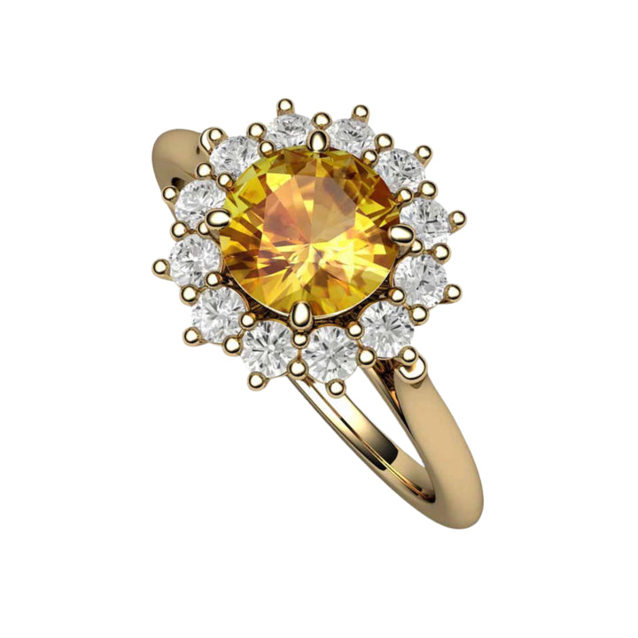 Round Yellow Sapphire Engagement Ring Vintage Style Cluster Diamond Halo, Rare Earth Jewelry