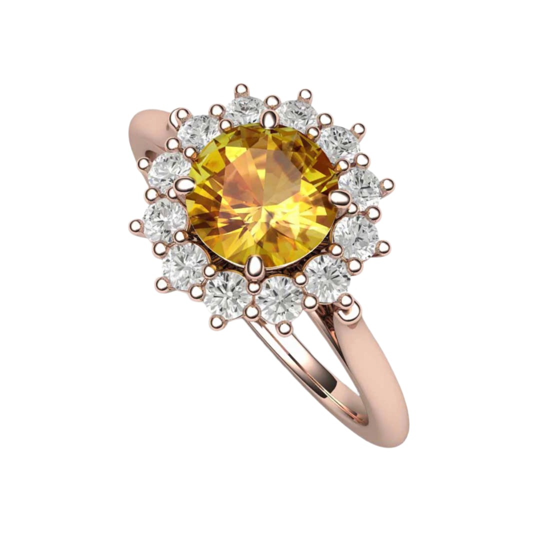 Round Yellow Sapphire Engagement Ring Vintage Style Cluster Diamond Halo, Rare Earth Jewelry