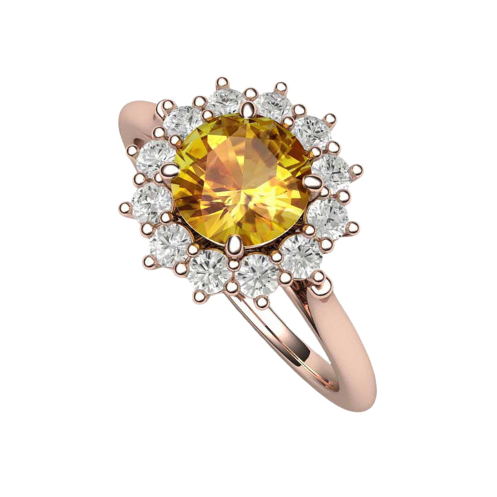 Round Yellow Sapphire Engagement Ring Vintage Style Cluster Diamond Halo, Rare Earth Jewelry