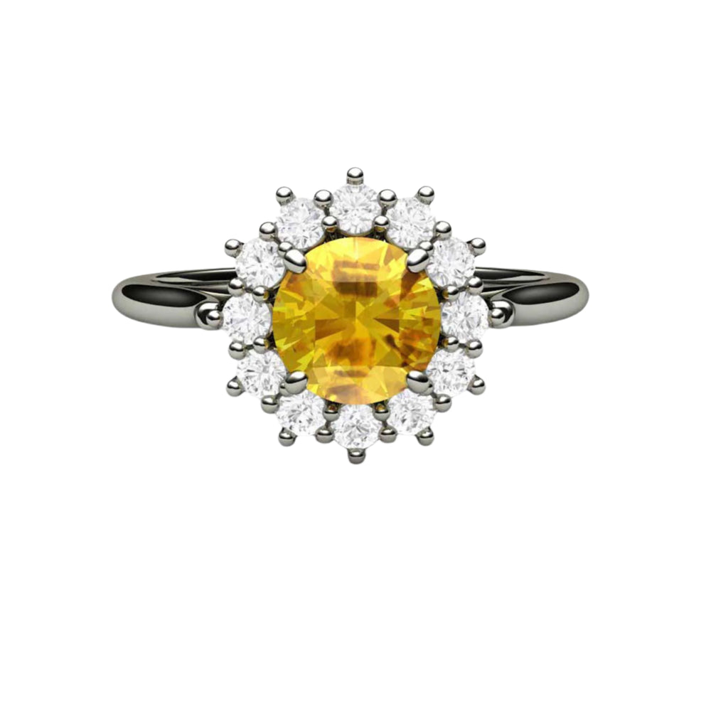 Round Yellow Sapphire Engagement Ring Vintage Style Cluster Diamond Halo, Rare Earth Jewelry