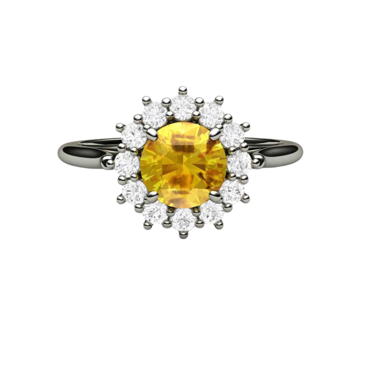 Round Yellow Sapphire Engagement Ring Vintage Style Cluster Diamond Halo, Rare Earth Jewelry