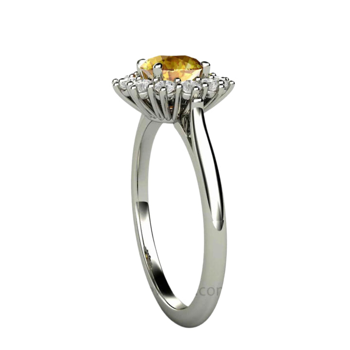 Round Yellow Sapphire Engagement Ring Vintage Style Cluster Diamond Halo, Rare Earth Jewelry