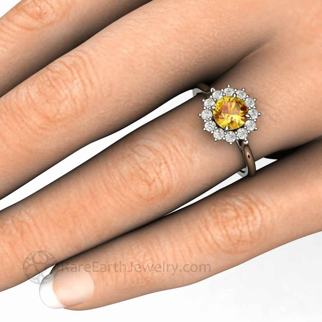 Round Yellow Sapphire Engagement Ring Vintage Style Cluster Diamond Halo, Rare Earth Jewelry