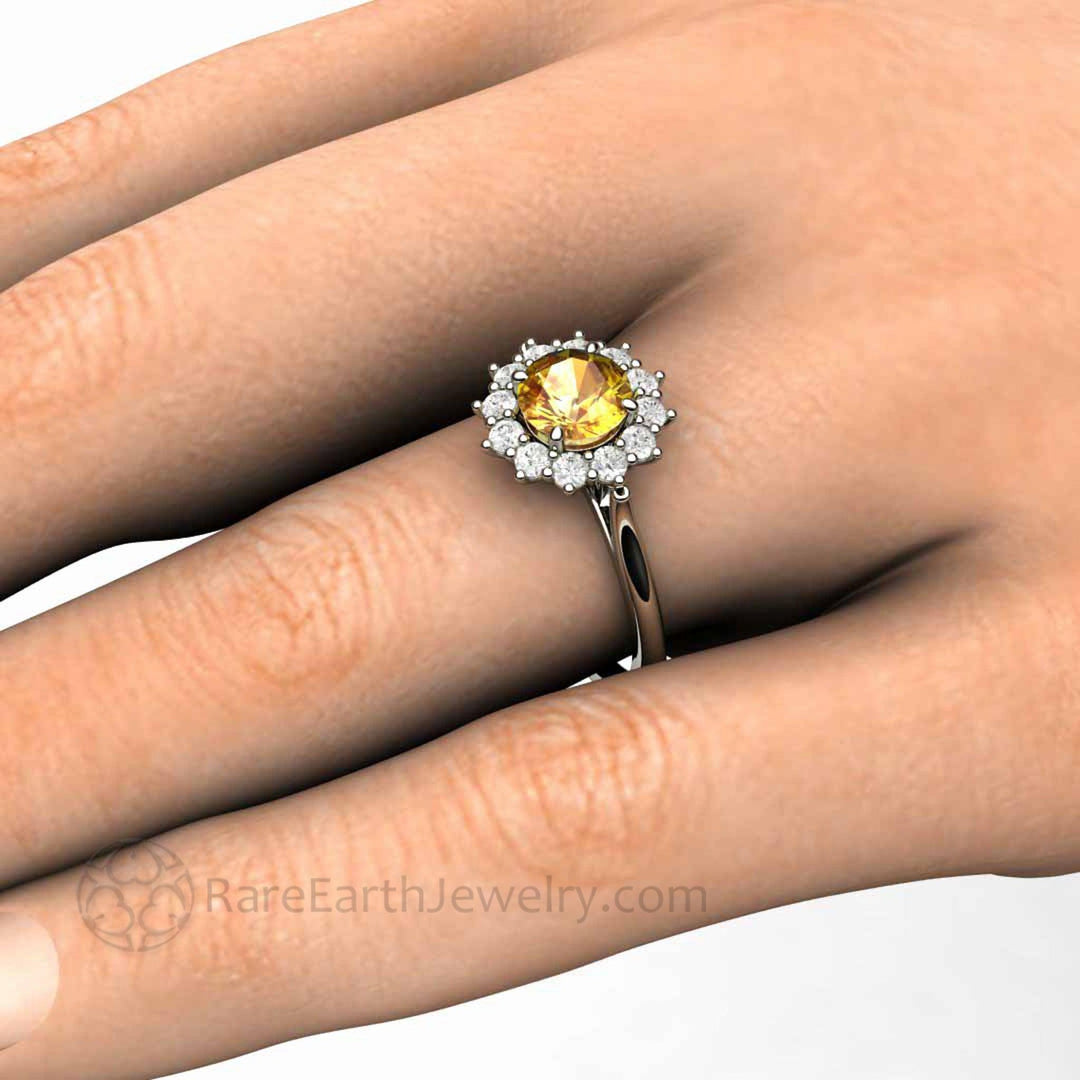 Round Yellow Sapphire Engagement Ring Vintage Style Cluster Diamond Halo, Rare Earth Jewelry