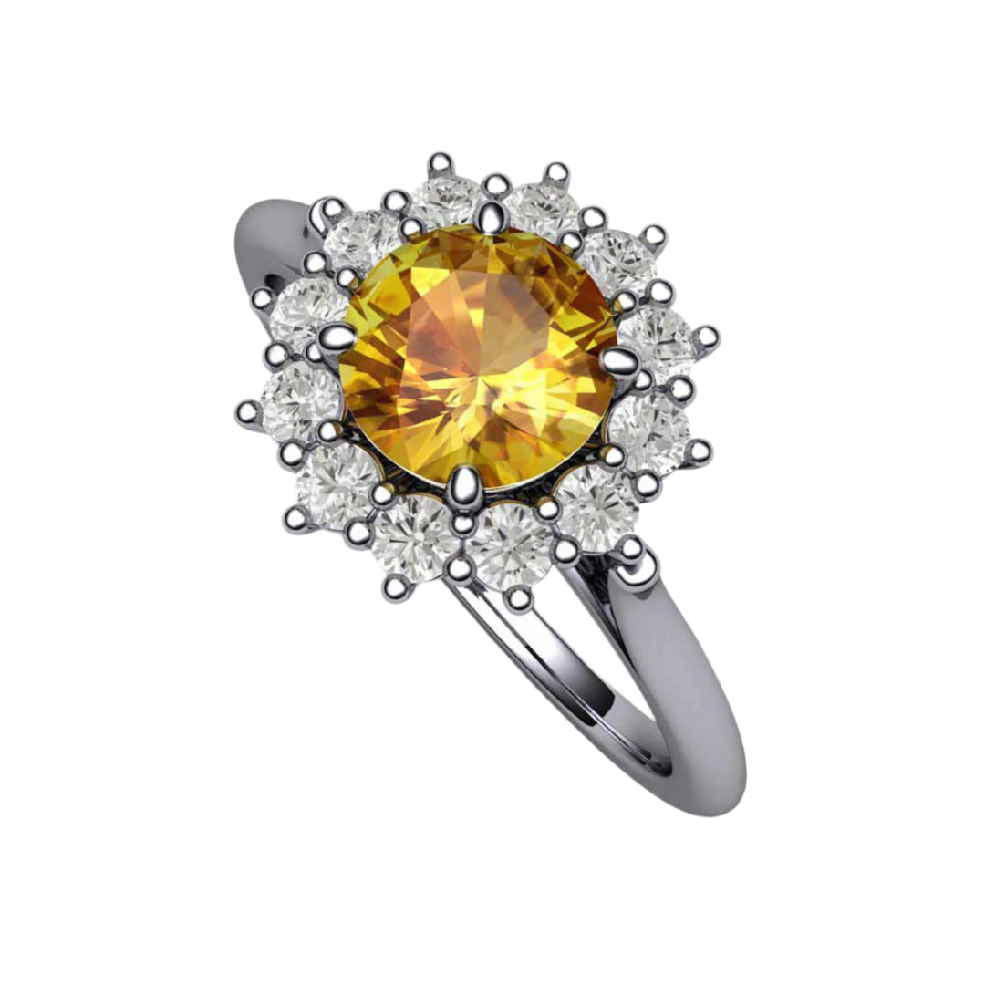 Round Yellow Sapphire Engagement Ring Vintage Style Cluster Diamond Halo, Rare Earth Jewelry