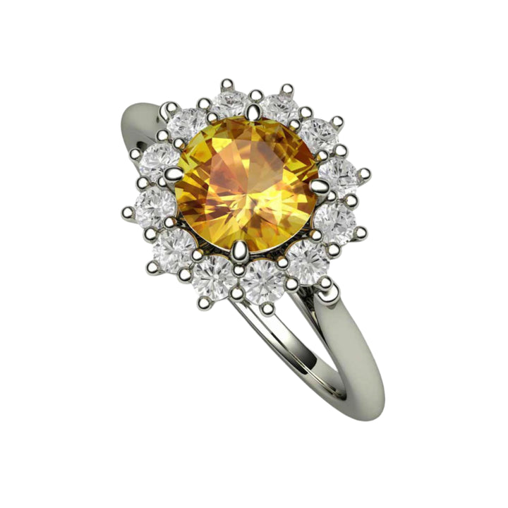 Round Yellow Sapphire Engagement Ring Vintage Style Cluster Diamond Halo, Rare Earth Jewelry