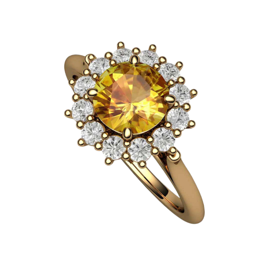 Round Yellow Sapphire Engagement Ring Vintage Style Cluster Diamond Halo, Rare Earth Jewelry
