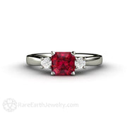 Ruby and Diamond Engagement Ring Three Stone Asscher Cut 18K White Gold - Rare Earth Jewelry