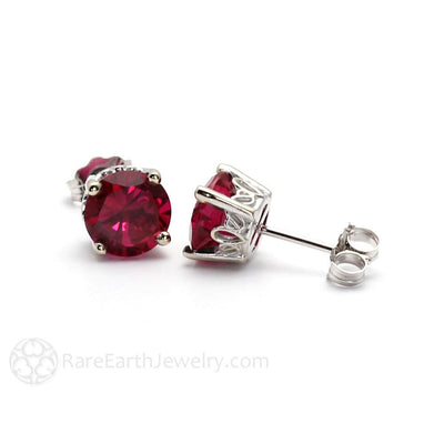 Ruby Earrings 4 Prong Filigree Round Studs July Birthstone 14K White Gold - Rare Earth Jewelry
