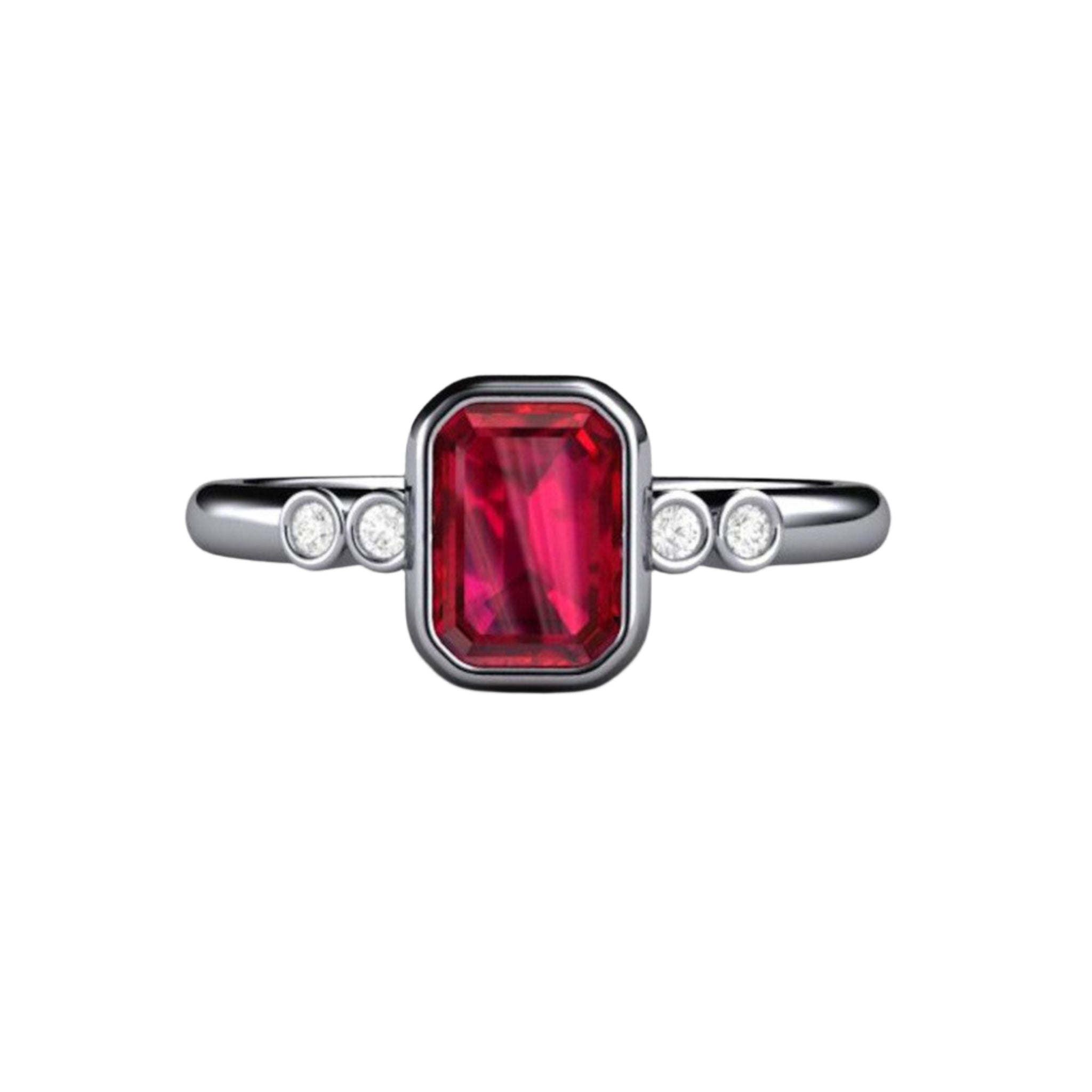 Emerald Cut Ruby Engagement Ring | Bezel Set Solitaire Diamond Accents