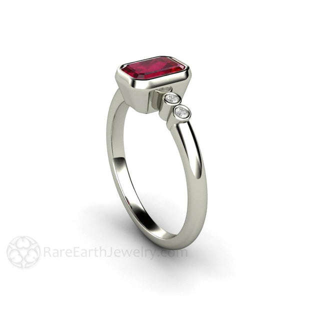 Ruby Engagement Ring Emerald Cut Bezel Set Solitaire with Diamonds 18K White Gold - Engagement Only - Rare Earth Jewelry