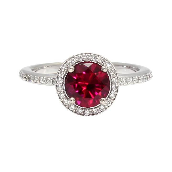 Round Ruby Engagement Ring with Diamond Halo, Lab Created Ruby Ring,  July Birthstone | Rare Earth Jewelry