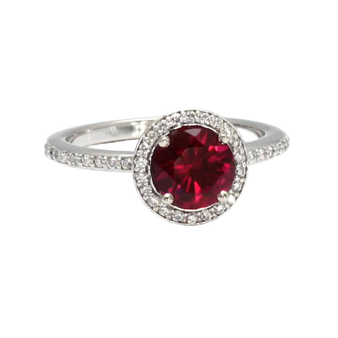 Round Ruby Halo Engagement Ring, Chatham Ruby Ring in Gold or Platinum, July Birthday Gift | Rare Earth Jewelry