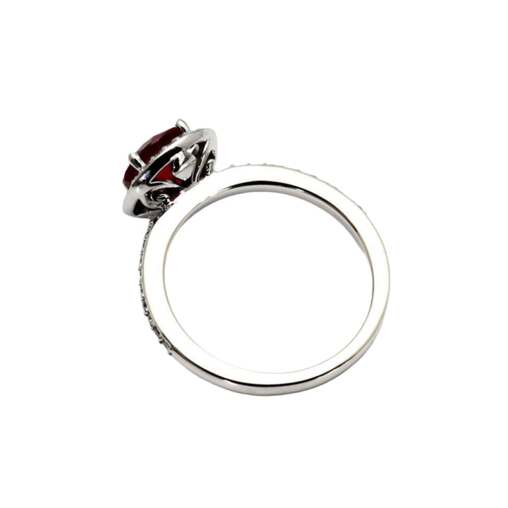 Profile View Round Ruby Engagement Ring Diamond Halo July Birthstone, Rare Earth Jewelry