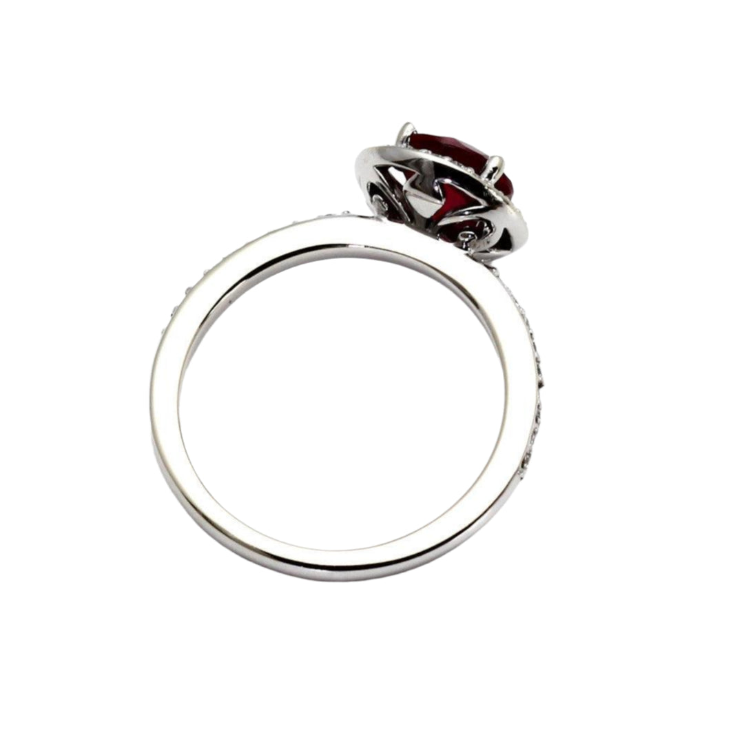Profile View Round Ruby Engagement Ring Diamond Halo July Birthstone | Rare Earth Jewelry