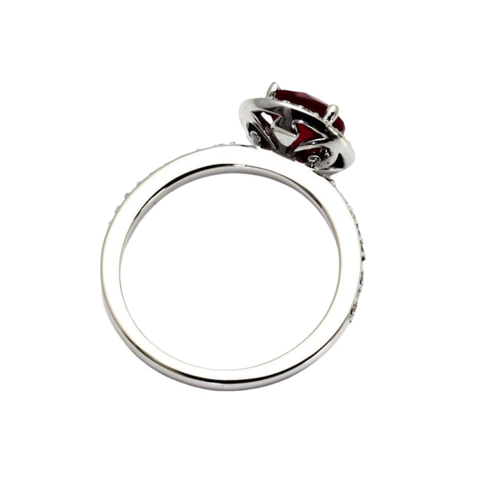 Profile View Round Ruby Engagement Ring Diamond Halo July Birthstone | Rare Earth Jewelry