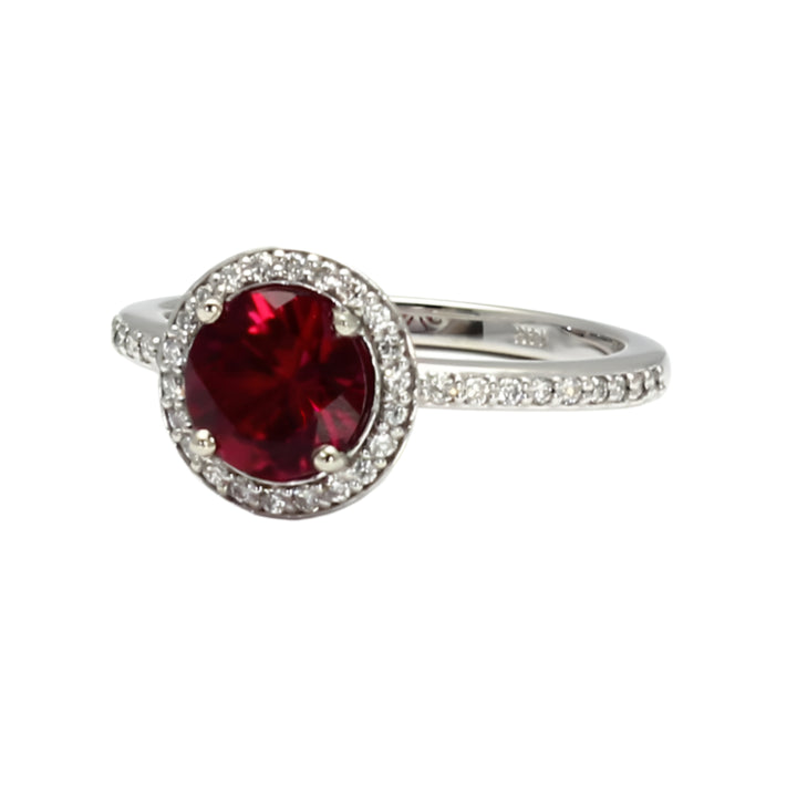 Round Ruby Halo Engagement Ring Lab Grown Ruby Ring in Gold or Platinum, July Birthday Gift | Rare Earth Jewelry