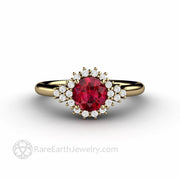 Ruby and Diamond Engagement Ring Vintage Filigree Diamond Halo 14K Yellow Gold - Rare Earth Jewelry