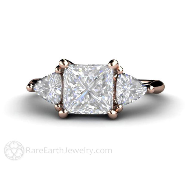 Square Princess Cut Moissanite Engagement Ring with Trillions 18K Rose Gold - Rare Earth Jewelry