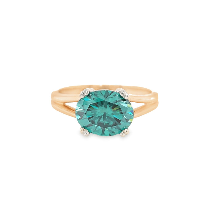 Teal Green Moissanite Ring Oval East West Solitaire with Split Shank, Rare Earth Jewelry