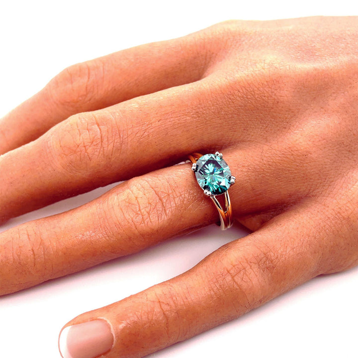 Teal Green Moissanite Ring Oval East West Solitaire with Split Shank, Rare Earth Jewelry