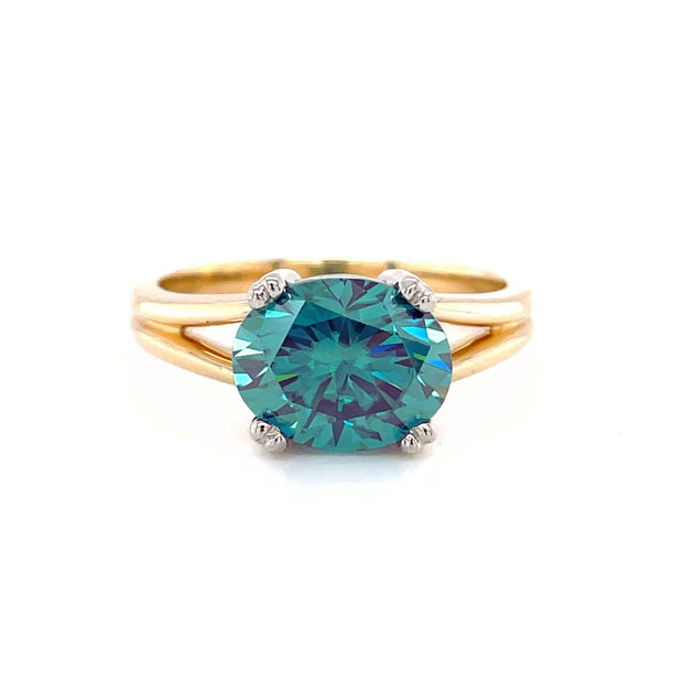Teal Green Moissanite Ring Oval East West Solitaire with Split Shank 14K Yellow Gold - Rare Earth Jewelry