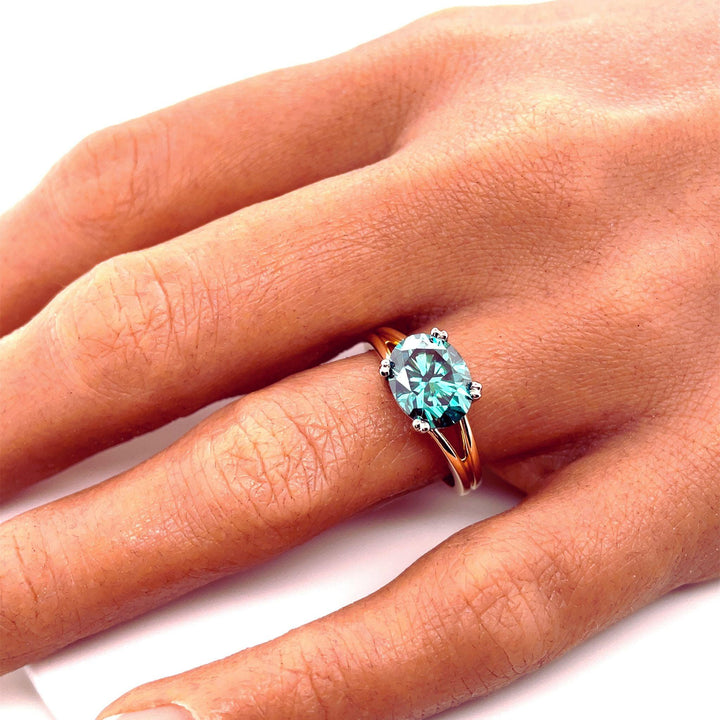 Teal Green Moissanite Ring Oval East West Solitaire with Split Shank, Rare Earth Jewelry