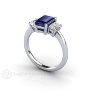 Three Stone Blue Sapphire Engagement Ring Emerald Cut with White Sapphire Accents  - Rare Earth Jewelry