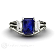 Three Stone Blue Sapphire Engagement Ring Emerald Cut with White Sapphire Accents Wedding Set - Rare Earth Jewelry
