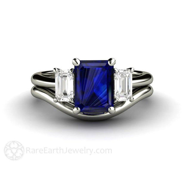 Three Stone Blue Sapphire Engagement Ring Emerald Cut with White Sapphire Accents Wedding Set - Rare Earth Jewelry