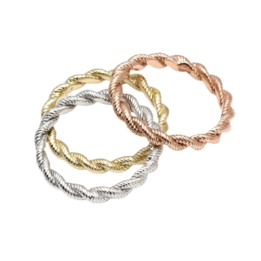 A Group of Three Rope Design Wedding Rings or Stackable Bands in 14K White, Yellow and Rose Gold | Unique Wedding Bands | Rare Earth Jewelry