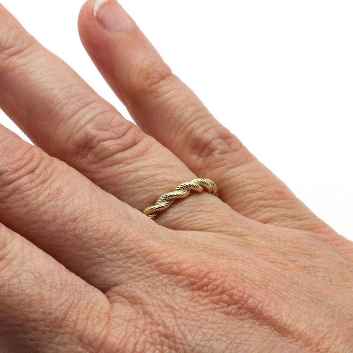 Twisted Rope Wedding Band or Stacking Ring on Hand, 14K or 18K Gold and Platinum | Rare Earth Jewelry