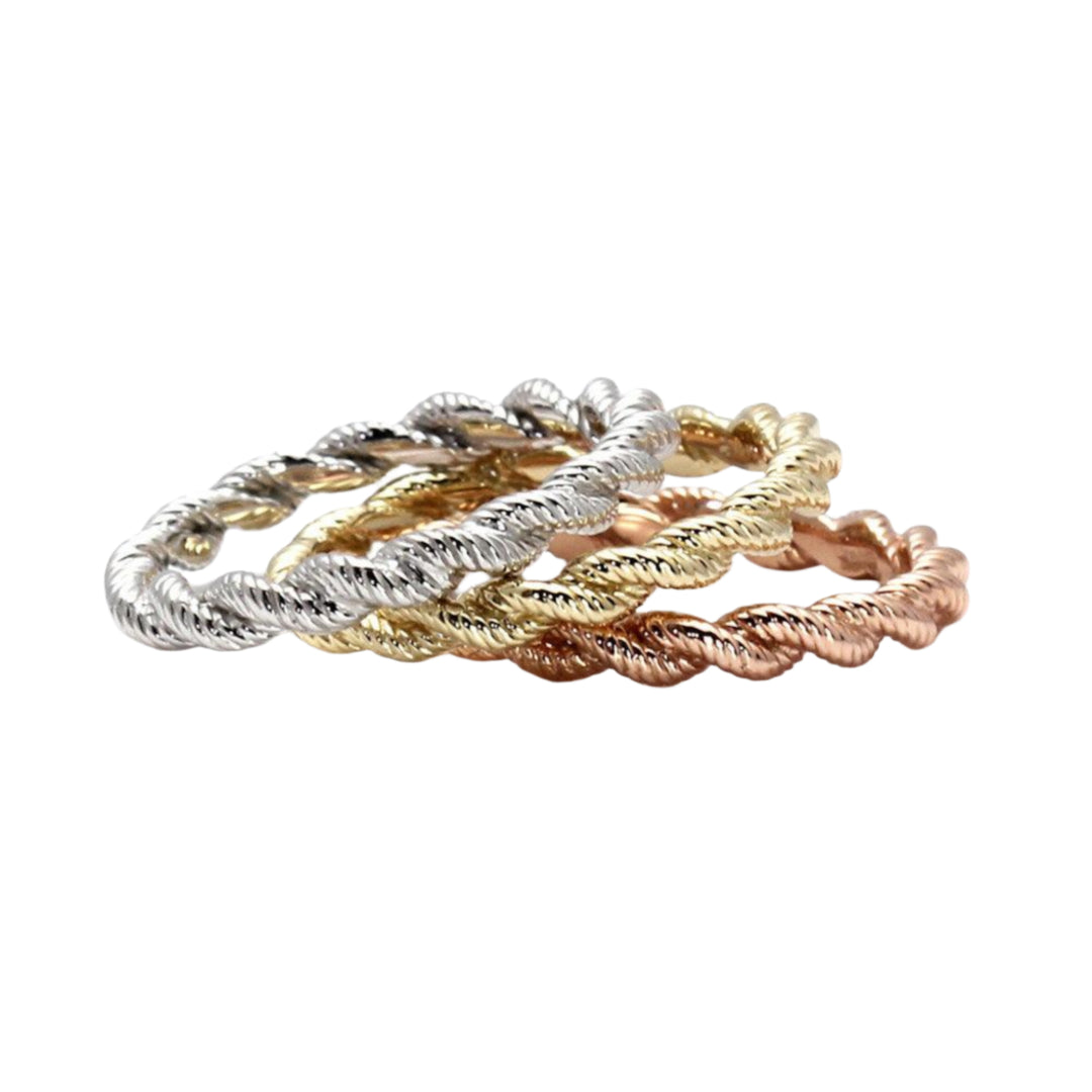 Stack of twisted rope wedding bands in white, yellow, and rose gold | Stackable woven textured gold bands | Twisted rope stacking rings | Rare Earth Jewelry