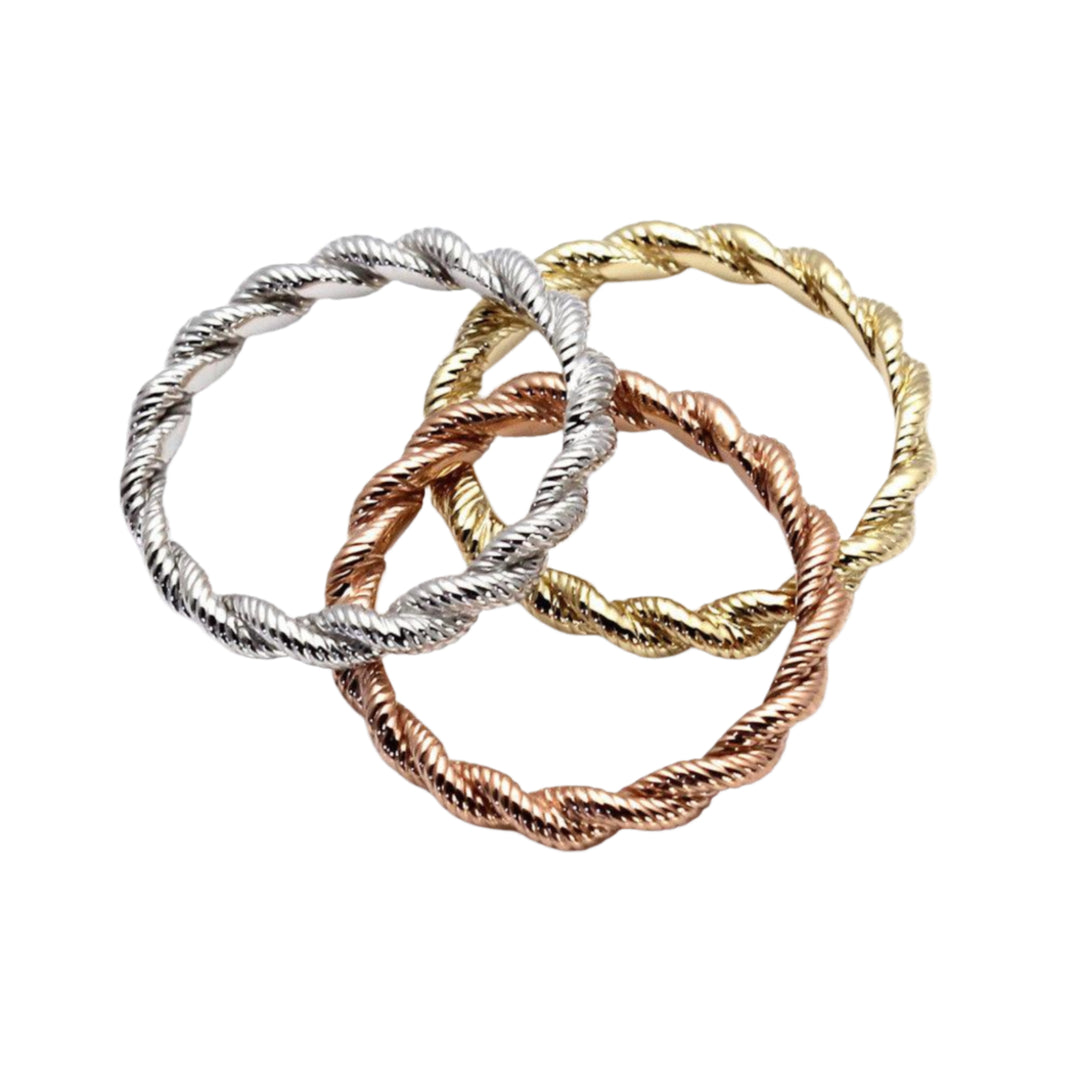 Three 14K Gold Twisted Rope Stacking Rings in White Gold, Yellow Gold, and Rose Gold with Woven Design, 3mm Textured Wedding Bands | Rare Earth Jewelry