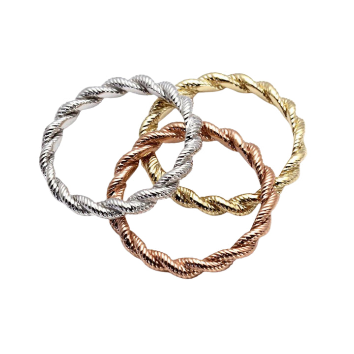 Three 14K Gold Twisted Rope Stacking Rings in White Gold, Yellow Gold, and Rose Gold with Woven Design, 3mm Textured Wedding Bands | Rare Earth Jewelry